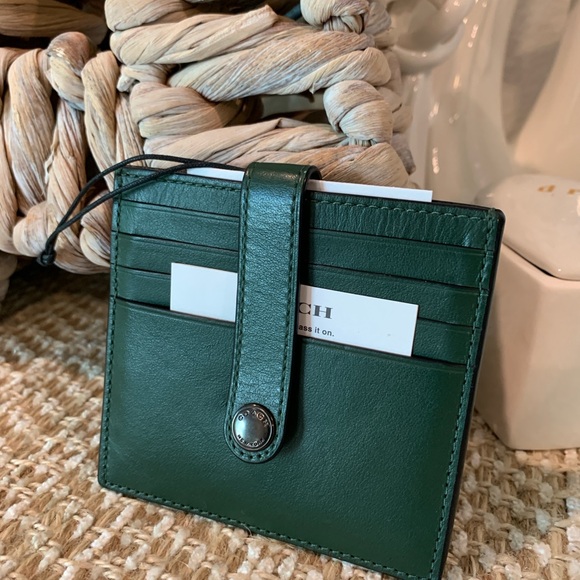 Coach Dark Green Leather Card Holder with Snap Strap - Picture 3 of 12